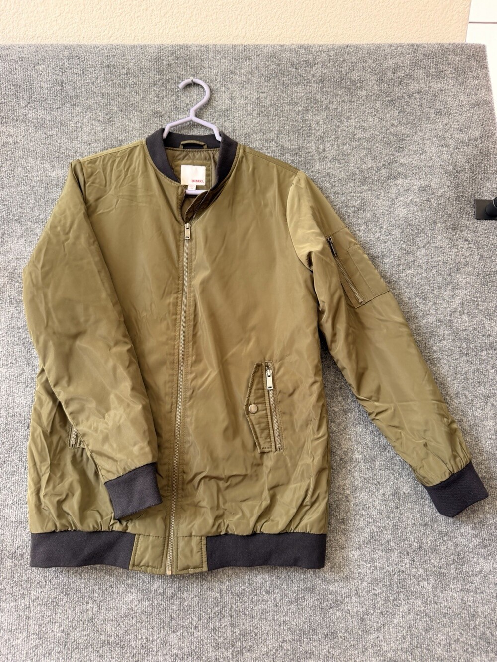 Bongo Women’s Olive Green Longline Bomber Jacket L Quilted Lining Zip Pockets